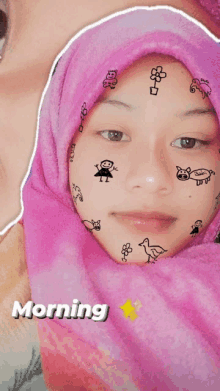 a girl wearing a pink scarf has drawings on her face and the word morning is below her