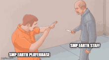 a cartoon of a man holding a knife while another man tries to stop him .