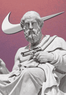 a statue of a man holding a gun has a nike logo behind him