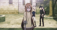 a girl holding a sword stands in front of a group of anime characters