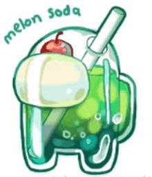 a cartoon drawing of a cup of melon soda with a cherry on top .