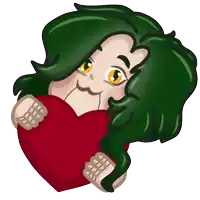 a cartoon drawing of a woman with green hair holding a red heart