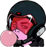 a drawing of a person blowing a pink bubble with a helmet on