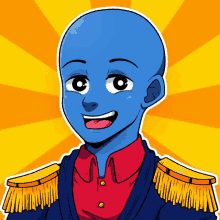 a cartoon character with a blue head and gold epaulets