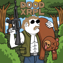 a cartoon of a man holding a dead bear and the words dood xrpl