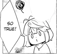 a black and white drawing of a girl with the words `` so true '' above her head .