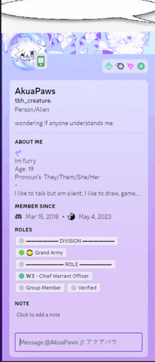 a screenshot of a person 's profile with a purple background