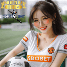 a girl wearing a soccer jersey that says sbobet