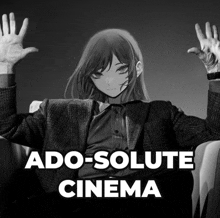 a black and white photo of a girl with the words ado-solute cinema written below her