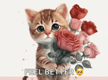 a cat holding a bouquet of roses with the words feel better written below it