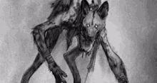 a black and white drawing of a werewolf with a chain around its neck and arms .