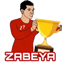 a cartoon drawing of a man holding a trophy with the name zabeya below him