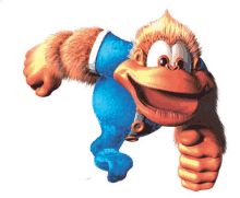 a cartoon monkey wearing blue pants and a bell around his neck