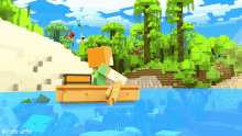 a minecraft drawing of a person in a raft