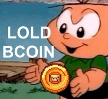 a cartoon character holding a gold coin with the words lold bcoin written above him