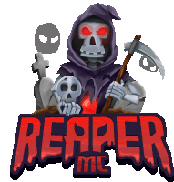 a grim reaper holding a scythe and a skull with the words reaper me below him