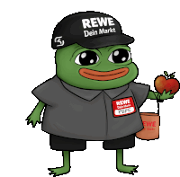 a frog wearing a hat that says rewe dein markt is holding an apple