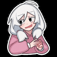 a cartoon girl with white hair is wearing a pink hoodie and making a face .