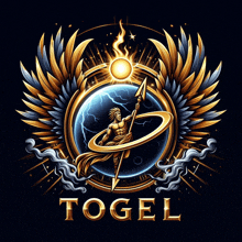 a logo for a company called togel with a man holding a spear in front of a globe