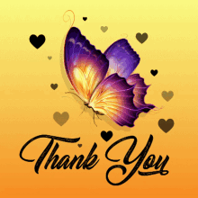 a thank you card with a purple butterfly and hearts