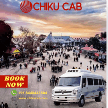 an advertisement for chiku cab shows a van in front of a crowded city