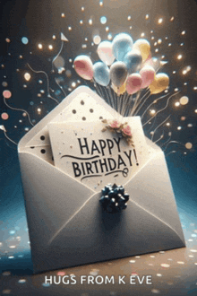 an envelope with balloons and a card that reads happy birthday