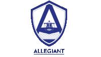 a blue and white logo for allegiant with a ship in the water