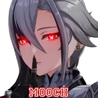 a close up of a girl with red eyes and the word mooch on the bottom right