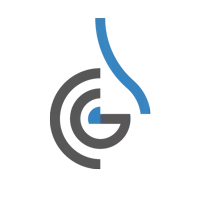 a blue and gray logo with the letter g