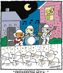 a cartoon of a band called beekeeper rock playing in front of a crowd