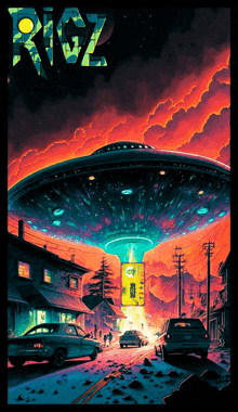 a poster for riz shows a ufo flying over a residential area