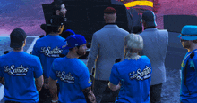 a group of people wearing blue los santos shirts are standing in a parking lot