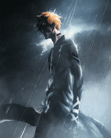 a man with orange hair is walking through the rain