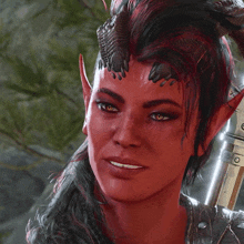 a woman with red hair and horns is smiling and holding a sword