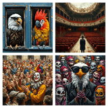 a collage of four pictures shows a bald eagle a parrot a clown and an empty theatre