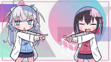 two anime girls are pointing at each other and one is angry