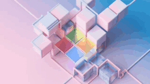 a computer generated image of pink and blue cubes with a green cube in the middle