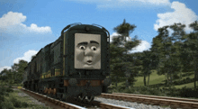 a cartoon train with a surprised face on the front of it