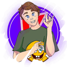 a cartoon drawing of a boy holding a spongebob mask