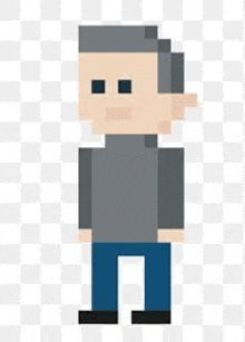 a pixel art illustration of a man in a gray shirt and blue pants .