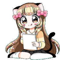 a drawing of a girl with a cat ear holding a notebook