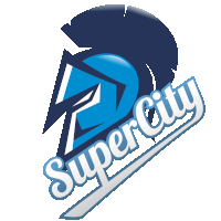 a logo for super city with a spartan helmet and sword