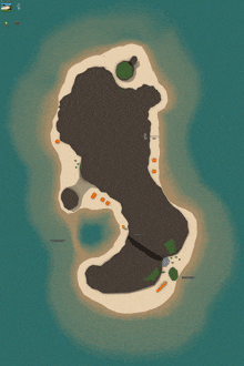 a map of a small island with a few buildings on the shore