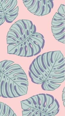 a seamless pattern of green and purple leaves on a pink background