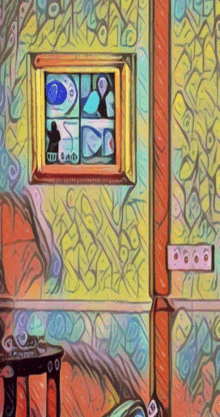 a painting of a room with a window and a telephone