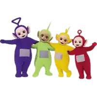 a group of four teletubbies are standing next to each other .