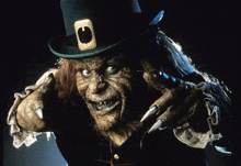 a leprechaun with sharp claws and a green top hat with a g on it