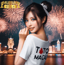 a girl wearing a shirt that says toto macau