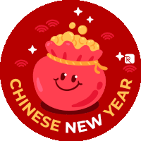 a red circle that says chinese new year with a smiley face on it