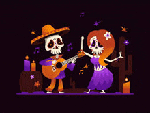 a man is playing a guitar and a woman is dancing in a day of the dead celebration .